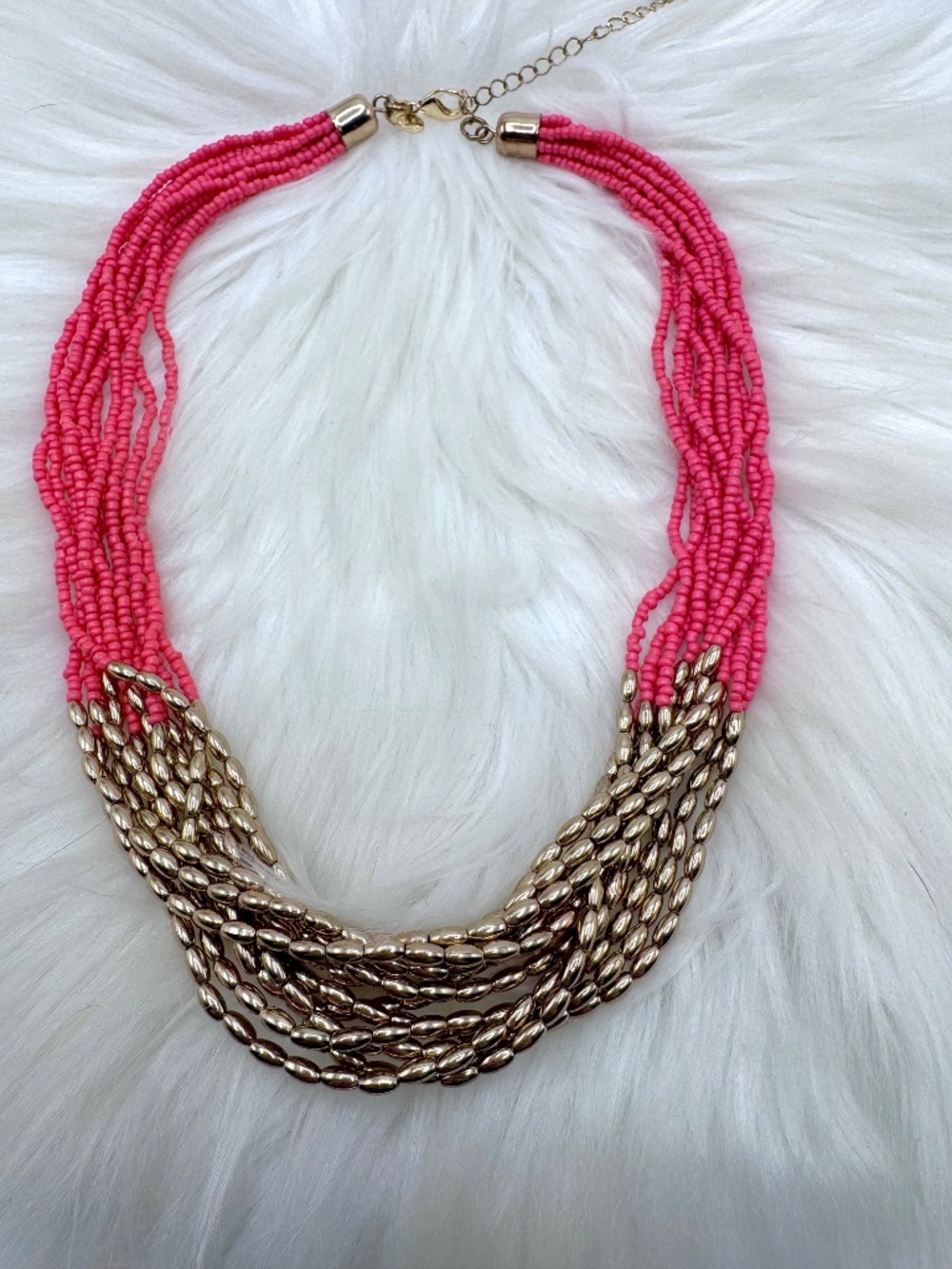 Pink & Gold Multi-Strand Seed Bead Statement Necklace | Adjustable Lobster Clasp - Picture 4 of 4